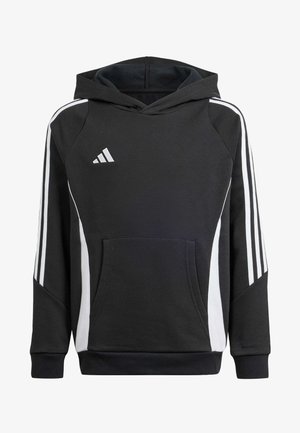 Felpa nera con tasca frontale, strisce laterali bianche e cappuccio interno grigio. Presenta il logo Adidas bianco sul petto.