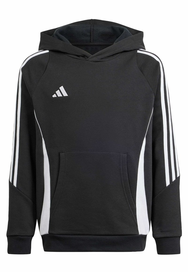 Sweat à capuche noir avec une poche frontale, bandes blanches sur les côtés et une doublure grise à l'intérieur de la capuche. Présente le logo Adidas en blanc sur la poitrine.