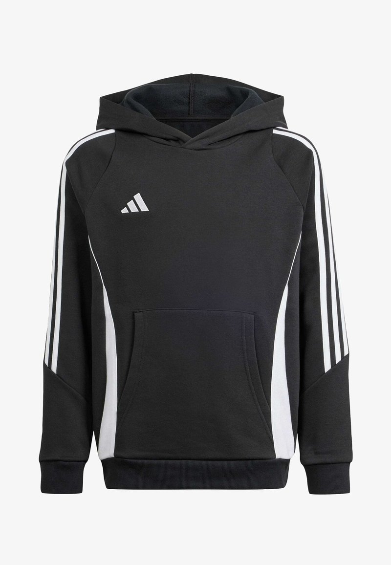 Schwarzer Hoodie mit einer Vordertasche, weißen Seitenstreifen und einem grauen Innenfutter in der Kapuze. Trägt das weiße Adidas-Logo auf der Brust.