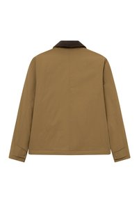 Brun frakk laget av lett stoff, med kordfløyelskrage, lange ermer og trykknapplukking på ermene. Glatt tekstur og enkelt design.