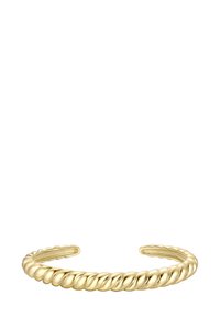 Pulsera de abertura con diseño de cuerda retorcida en oro, con acabado pulido suave, sobre fondo blanco.
