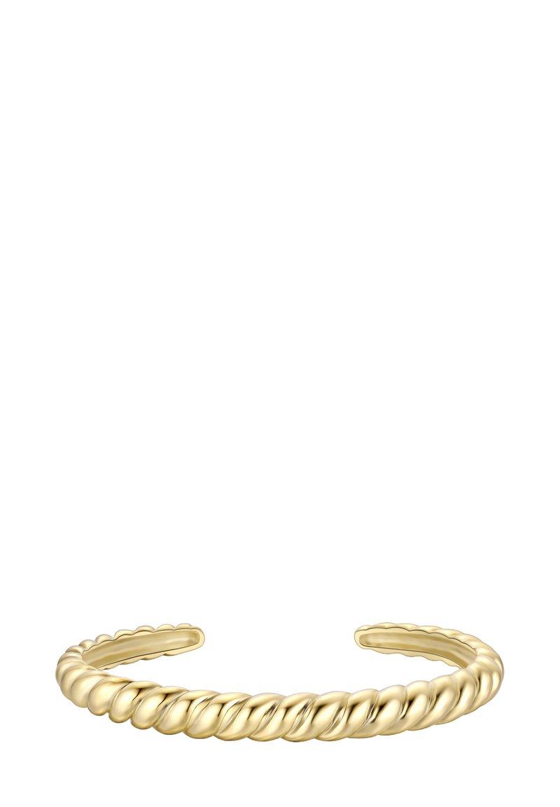 Pulsera de abertura con diseño de cuerda retorcida en oro, con acabado pulido suave, sobre fondo blanco.