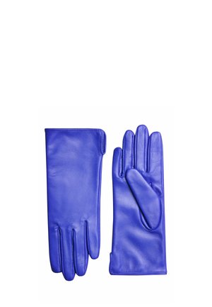 Par de guantes de cuero azul suave, uno mostrando la palma y el otro mostrando el reverso, aislados sobre fondo blanco.