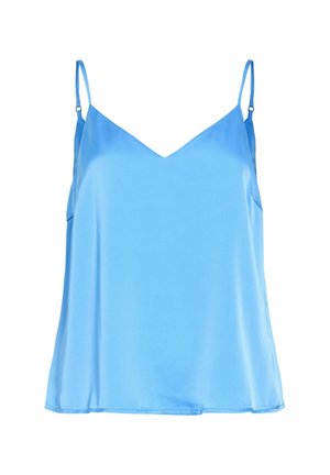 Top de camisolă din satin albastru deschis, cu bretele subțiri reglabile și un decolteu ușor în formă de V.