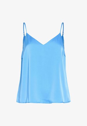 Top de camisolă din satin albastru deschis, cu bretele subțiri reglabile și un decolteu ușor în formă de V.