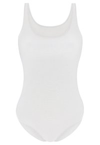 Body bianco senza maniche con scollatura rotonda e texture liscia. Il design è aderente con una finitura leggermente lucida.