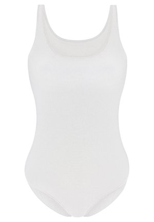 White sleeveless bodysuit featuring a rounded neckline and smooth texture. The design is fitted with a subtle sheen finish.