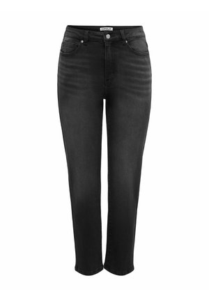 Mustat farkut, joissa on istuva vyötärö, suorat lahkeet, viisi taskua sekä napilla ja vetoketjulla suljettava malli. Sileä pinta, jossa hieman haalistumaa.