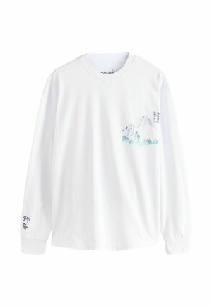 White long-sleeve T-shirt made of cotton. Features light blue mountain graphic on the front and blue text design on the left sleeve.