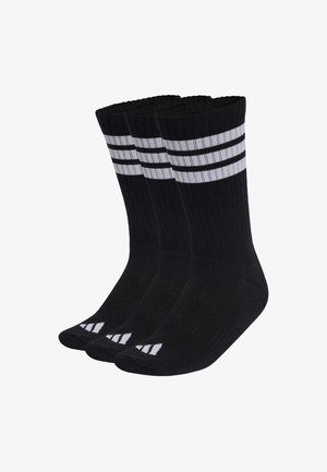 Czarne skarpetki z trzema białymi poziomymi paskami u góry oraz białym logo na palcach, wykonane z miękkiego, trwałego materiału. W zestawie trzy pary.