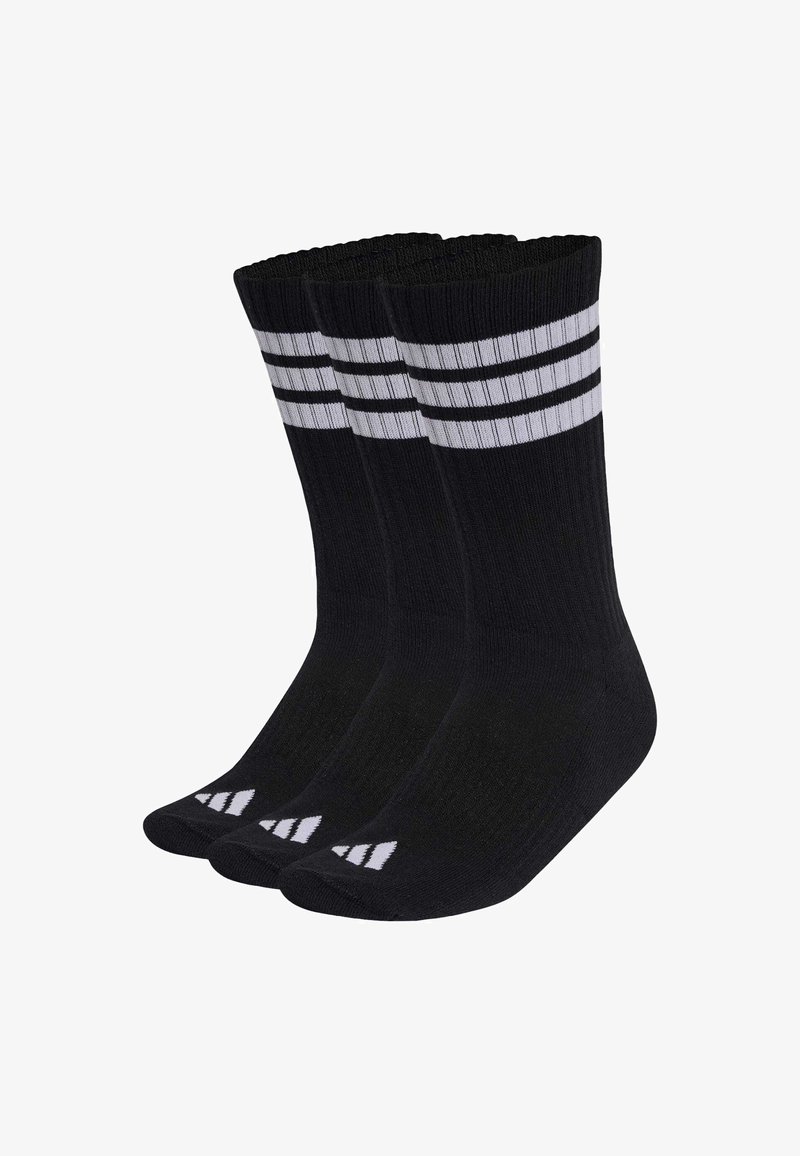 Čierne ponožky s tromi bielymi vodorovnými pruhmi v hornej časti a bielym logom na špičke, vyrobené z mäkkej a odolnej tkaniny. Obsahujú tri páry.