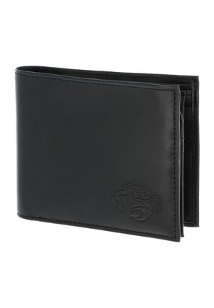 Portefeuille bifold en cuir noir avec logo crabe en relief dans le coin inférieur droit, présenté légèrement ouvert sur fond blanc.