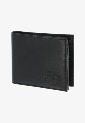 Portefeuille bifold en cuir noir avec logo crabe en relief dans le coin inférieur droit, présenté légèrement ouvert sur fond blanc.
