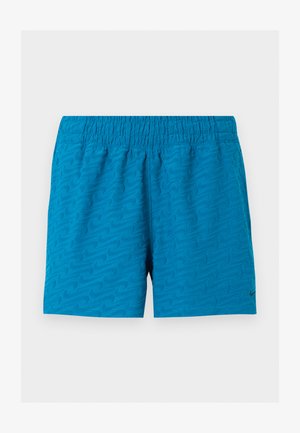 Kék atlétikai rövidnadrág texturált hullám mintával és rugalmas derékrésszel, az alsó jobb lábszáron kis fekete Nike-logo.