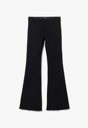 Zwarte flared jeans van denim met een hoge taille, franjerand en nauwsluitend bij de bovenbenen; heeft een strakke uitstraling zonder zakken.