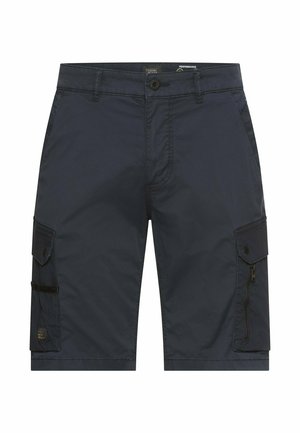 Marineblauwe cargoshorts met knoopsluiting, riemlussen en meerdere zakken, waaronder klepzakken en ritssluitzakken aan de zijkant.