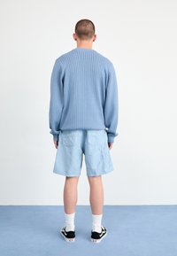 Maglione azzurro chiaro lavorato a maglia con un motivo testurizzato, abbinato a pantaloni corti azzurro chiaro, calzini bianchi e sneakers nere. Vista posteriore.