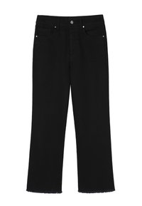 Jean noir taille haute à jambe droite avec poches avant, passants de ceinture, fermeture à boutons et bords d'ourlet brut.