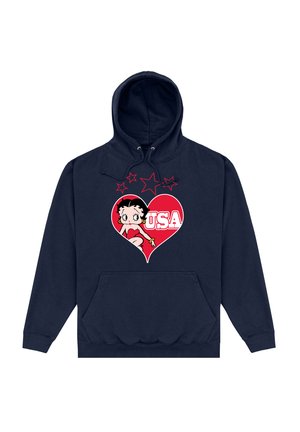 Granatowy sweatshirt z kapturem wykonany z mieszanki bawełny z kieszenią z przodu. Posiada grafikę dziewczyny w czerwonym sercu z napisem "USA" oraz gwiazdami w kolorze czerwonym i białym.