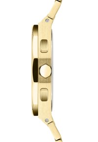 Goldfarbener Metallarmbanduhr mit gebürsteter Oberfläche, achteckiger Form, seitlichen Drückern und einer sechseckigen Krone. Glasklar und mit gebürstetem Armband sichtbar.