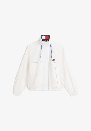 Λευκό μπουφάν με φερμουάρ, με ελαστικά μανίκια και τελείωμα, μπλε κορδόνια και μικρό λογότυπο Tommy Hilfiger σε κόκκινο, λευκό και μπλε στο στήθος.