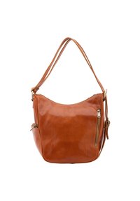 Borsa a spalla in pelle di un ricco marrone. Presenta una silhouette curvilinea, chiusura con zip superiore e tasca laterale con zip. Texture liscia con pochi accenti.