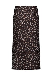 Leopardmuster Rock in knielanger Länge in Brauntönen, Beige und Schwarz. Er verfügt über einen geraden Schnitt mit seitlichen Schlitzen für Bewegungsfreiheit.