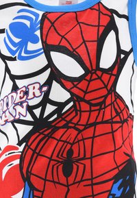 White cotton tank top featuring a large red and black Spider-Man graphic, blue accents around the neck, and a blue spider icon.