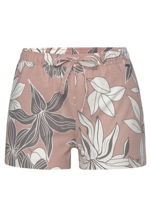 Rosa Baumwollshorts mit einem floralen Muster in Weiß und Grau. Mit einem elastischen Bund und einem Kordelzug ausgestattet. Kurz geschnitten, aus leichtem Material.