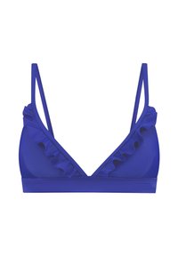 Plavi triangle bralette od glatkog materijala, s volanima uz dekolte i tankim podesivim trakama.