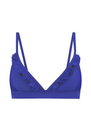 Blue triangle bralette made of smooth fabric, featuring ruffled trim along the neckline and thin adjustable straps.
