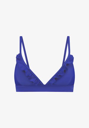 Blauwe driehoek bralette gemaakt van gladde stof, met een rimpelrand langs de halslijn en dunne verstelbare bandjes.