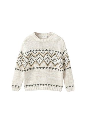 Pull en tricot crème avec motif en diamants géométriques noir et beige, manches et ourlet côtelés, et détail de bouton sur l'épaule gauche.