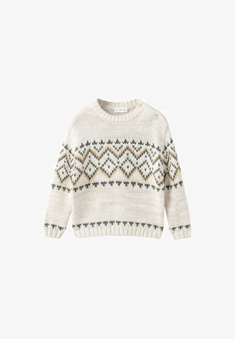 Kremna pletena svetrovina z geometrijskim diamantom v črni in bež barvi, rebrastimi manšetami in robom ter gumbom na levem ramu.