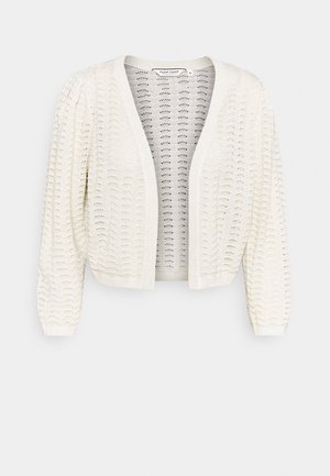 Cardigan en tricot couleur crème à ouverture frontale, manches longues et motif œillet festonné, taille M étiquetée.