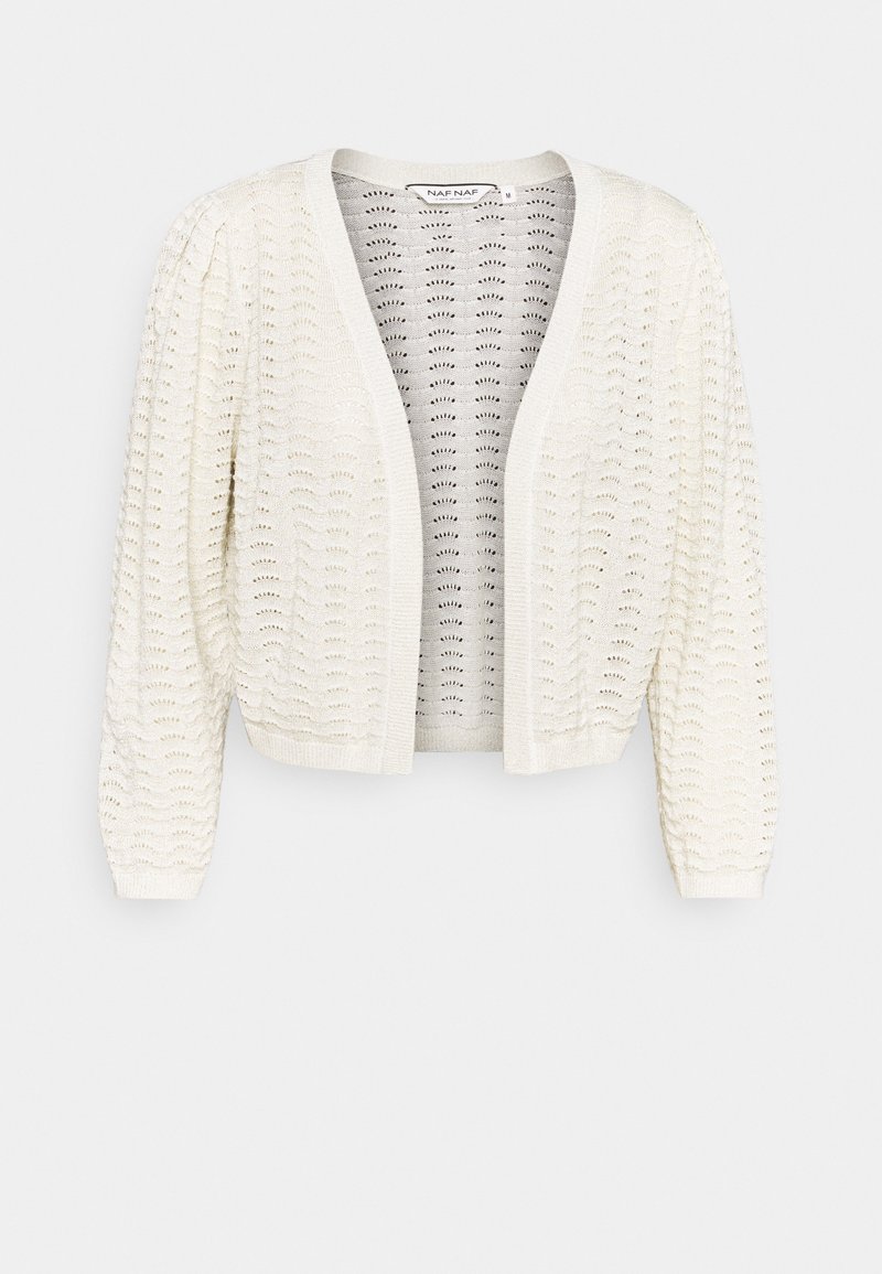 Cardigan en tricot couleur crème à ouverture frontale, manches longues et motif œillet festonné, taille M étiquetée.
