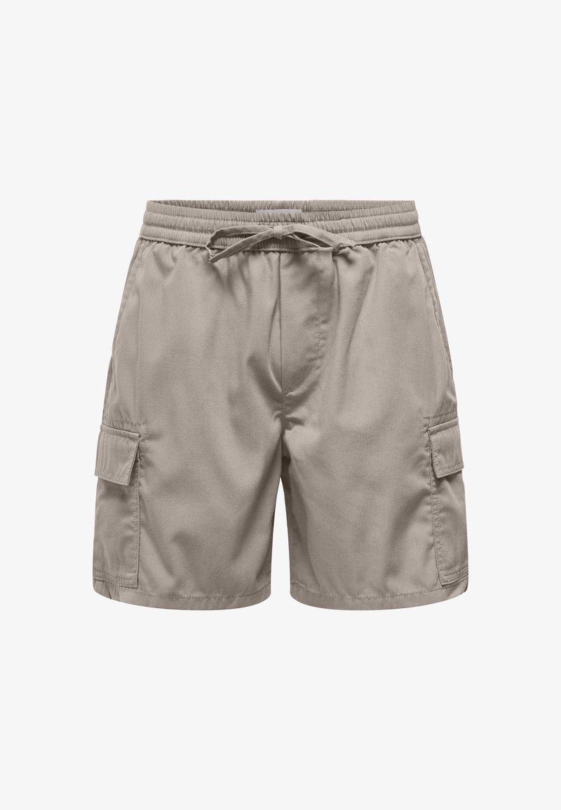 Beige cargo shorts made of soft fabric, featuring an elastic waistband with a drawstring and two side pockets for storage.