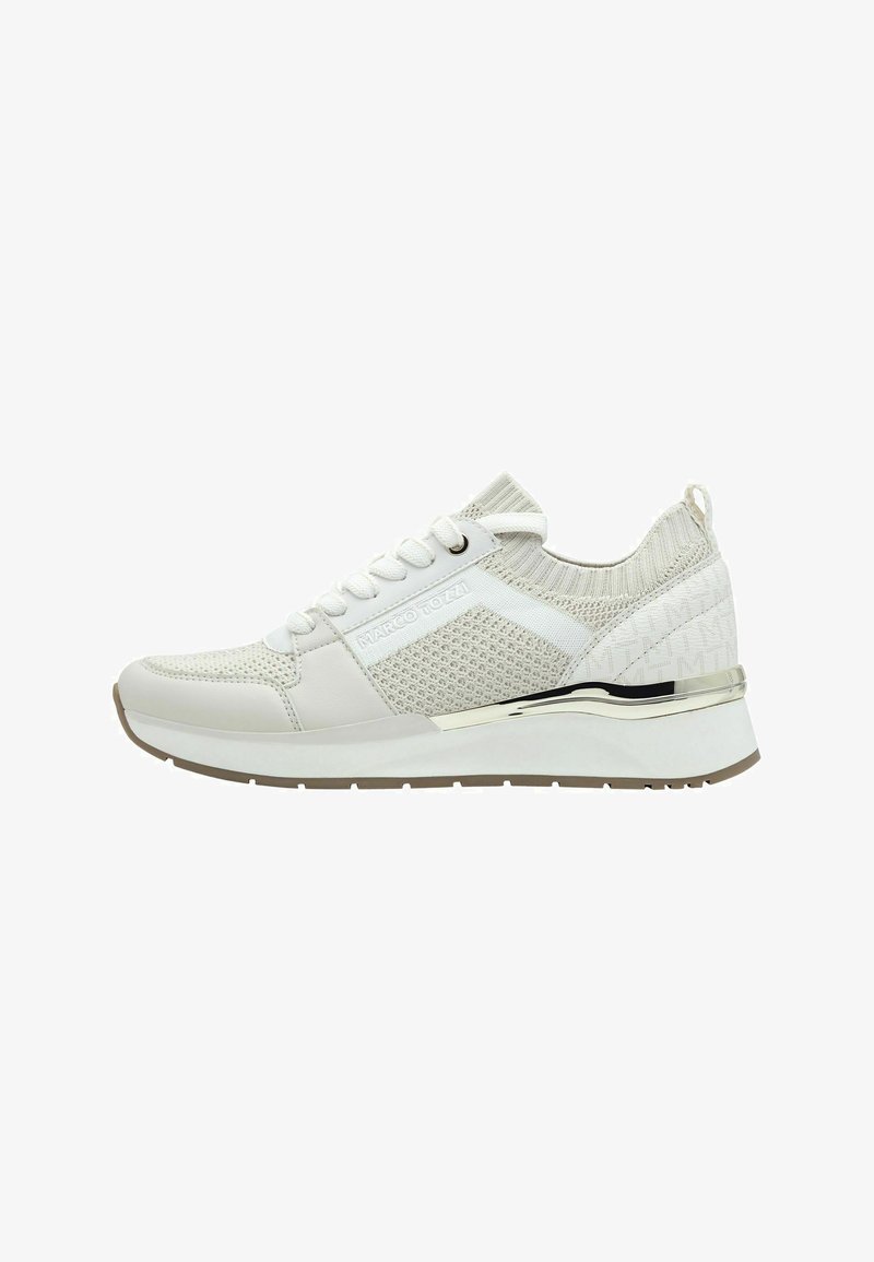 White sneaker with mesh fabric and synthetic leather. Features a cushioned sole, metallic accents, and a textured knit collar.