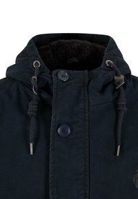 Navy blue jacket with a soft, textured black fur lining. Features a drawstring hood, two large buttons, and metal accents.