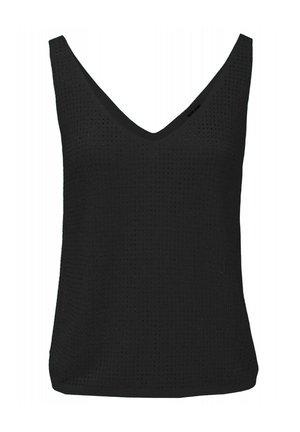 Haut noir sans manches en tricot avec col en V et motif à points texturé sur tout le tissu, ajusté à la taille.