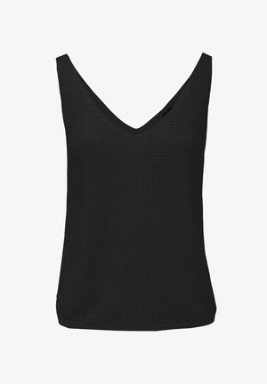 Top negro sin mangas de punto con escote en V y patrón texturizado de puntos en toda la tela, ajustado en la cintura.