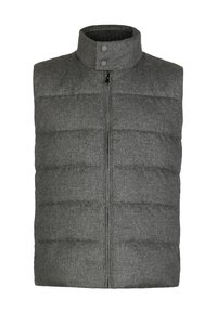 Graue Steppweste mit hohem Kragen, Reißverschluss vorne und Druckknöpfen. Verfügt über eine gesteppte Textur und eine glatte Stoffoberfläche.