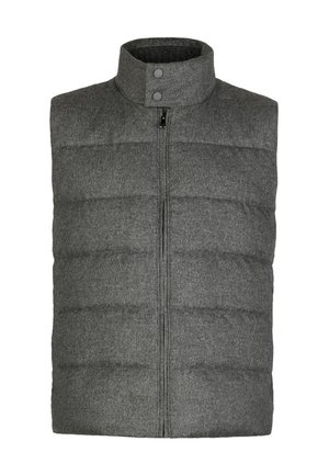 Grå vadderad väst med hög krage, frontdragkedja och tryckknappar. Har quiltad textur och en slät tygfinish.