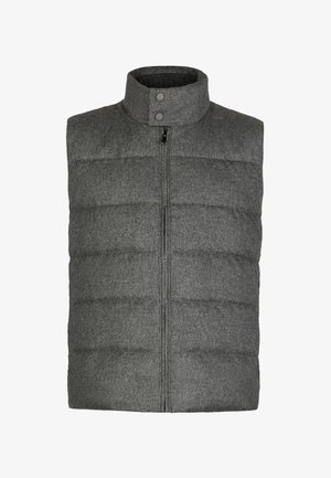 Graue Steppweste mit hohem Kragen, Reißverschluss vorne und Druckknöpfen. Verfügt über eine gesteppte Textur und eine glatte Stoffoberfläche.
