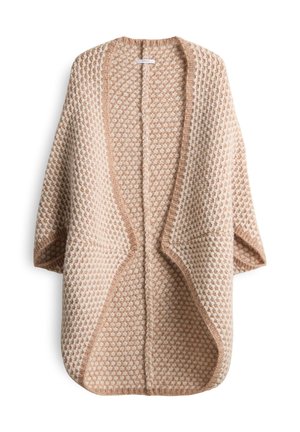Chunky knit open-front beige and cream cardigan with textured pattern and wide sleeves, displayed flat on white background.