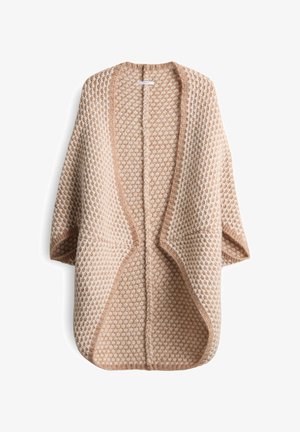 Cardigan beige e crema a maglia grossa, aperto davanti, con motivo testurizzato e maniche larghe, esposto piatto su sfondo bianco.