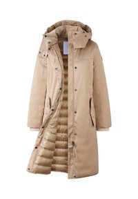 Beige langer Mantel mit abnehmbarer Kapuze, Reißverschluss und Druckknopfverschluss, zwei frontalen Taschen und wattierter Fütterung. Mit gerippten Bündchen und strukturiertem Stoff.