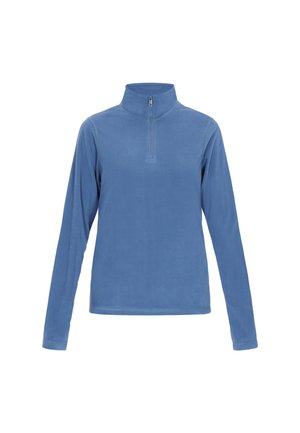 Lichtblauwe fleece pullover met lange mouwen, half-rits aan de voorkant en een rechtopstaande kraag. Zachte textuur, minimalistisch ontwerp en geen zichtbare patronen.
