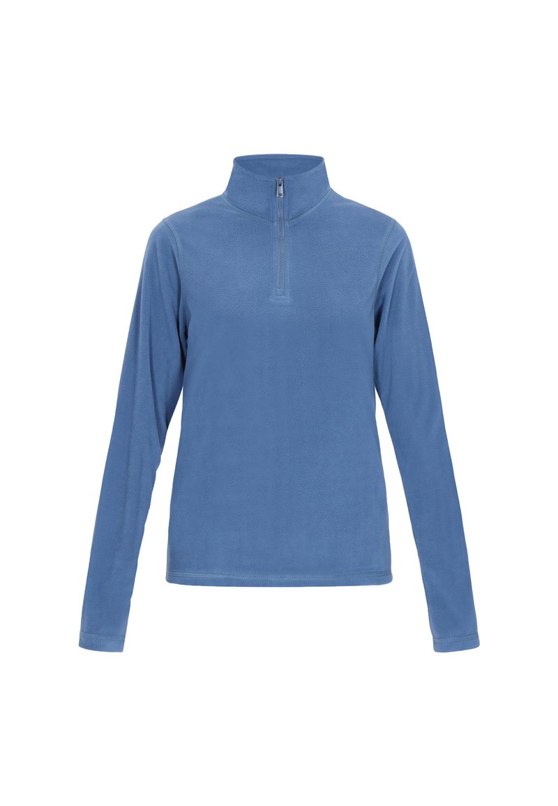 Pullover in pile azzurro chiaro con maniche lunghe, zip a metà sul davanti e colletto rialzato. Texture morbida, design minimal e senza motivi visibili.