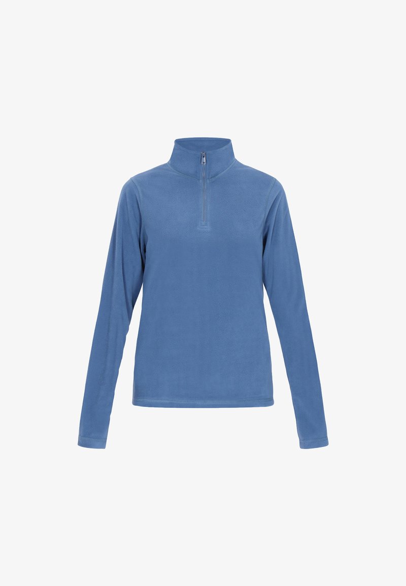 Helles blaues Fleece-Pullover mit langen Ärmeln, halb gefüttertem Reißverschluss vorne und Stehkragen. Weiche Textur, minimales Design und keine sichtbaren Muster.